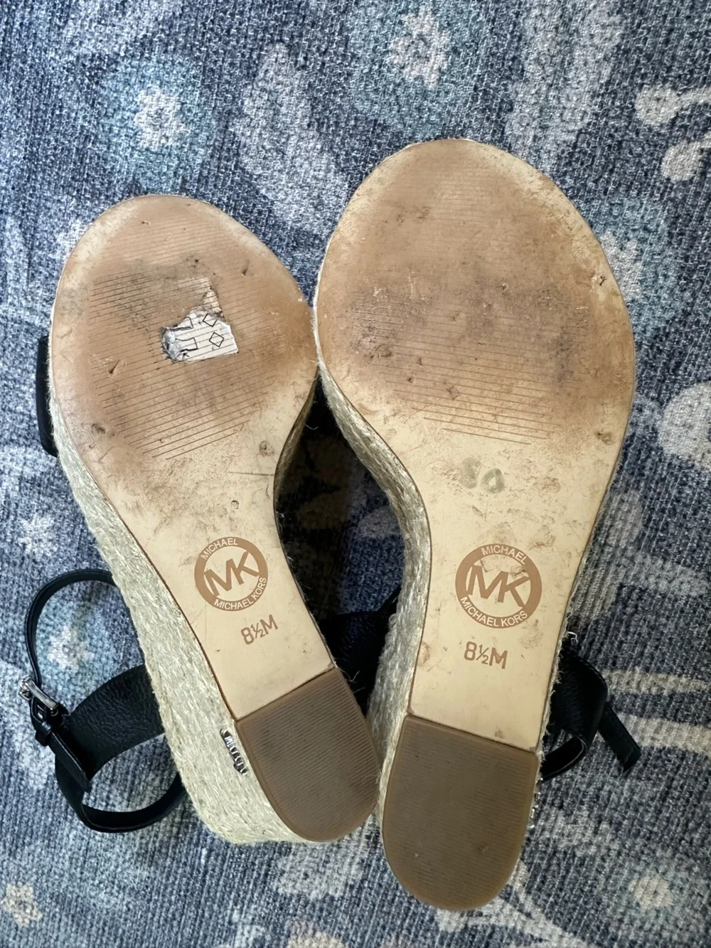 Michael Michael Kors Black Leather Espadrille Platform Wedge Sandals Size 8.5